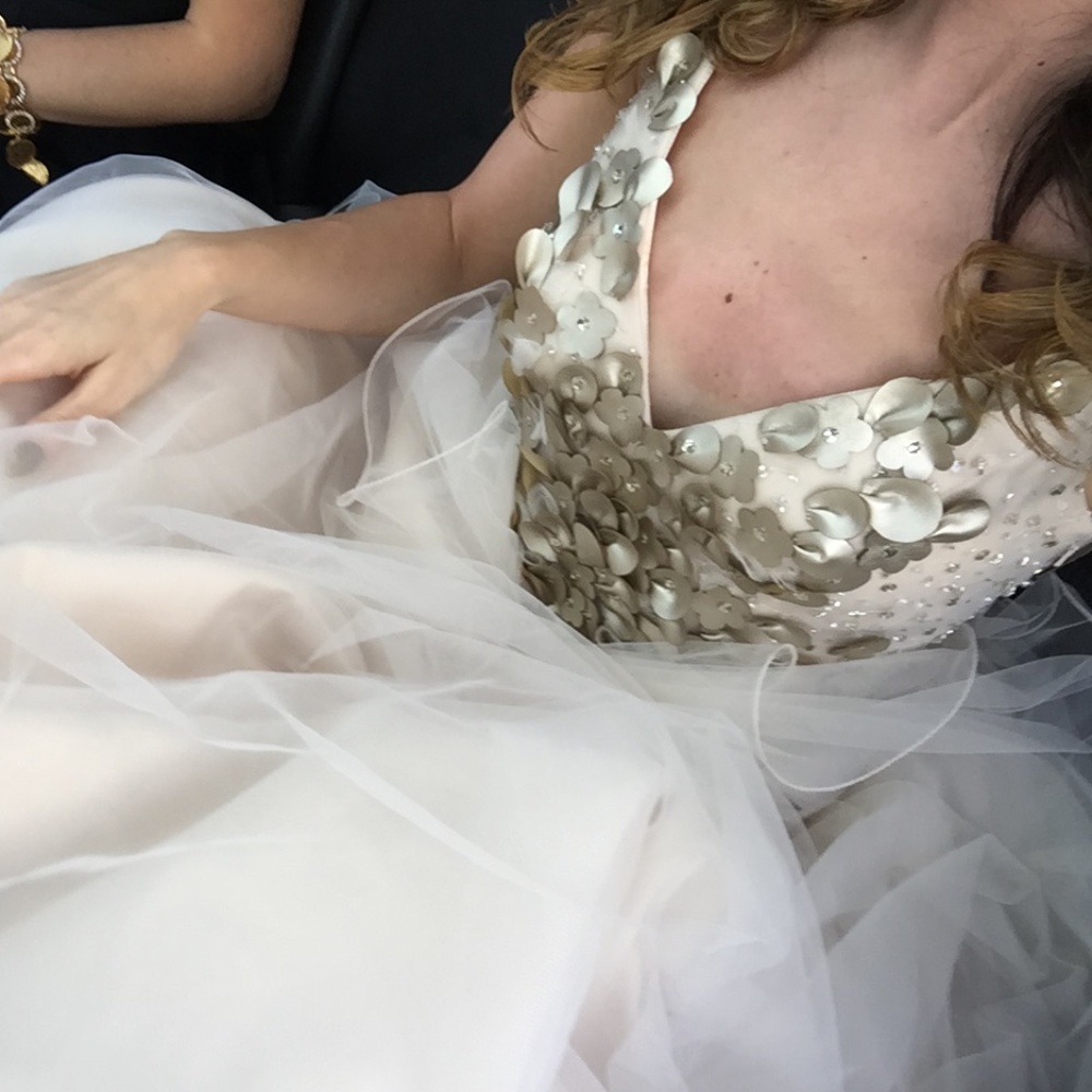 Size 0 Terani Couture Champagne Gown with Metallic Flowers
